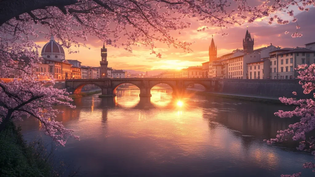 A panoramic view of Florence at sunset, highlighting the Duomo, Ponte Vecchio, and the Arno River.