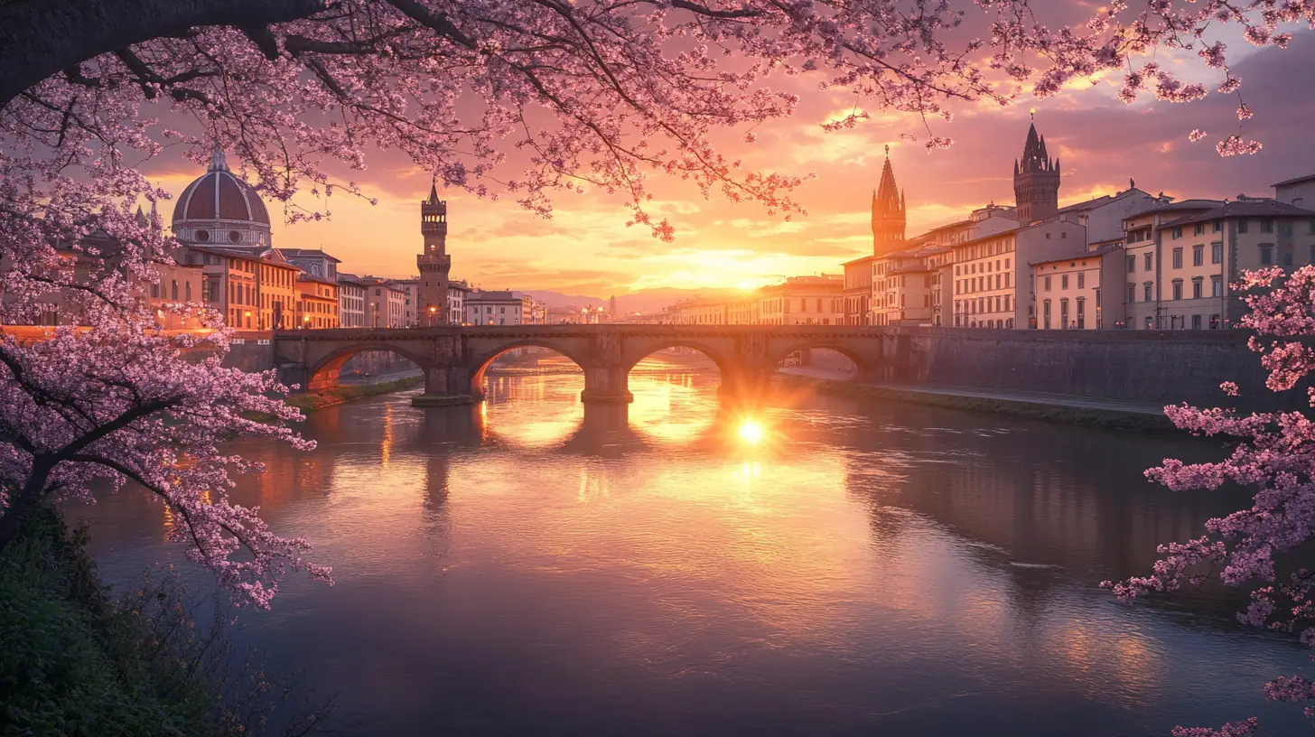 A panoramic view of Florence at sunset, highlighting the Duomo, Ponte Vecchio, and the Arno River.