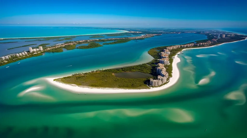 A vibrant aerial shot of Marco Island showing clear turquoise waters, white sandy beaches, and scattered palm trees along the shoreline.