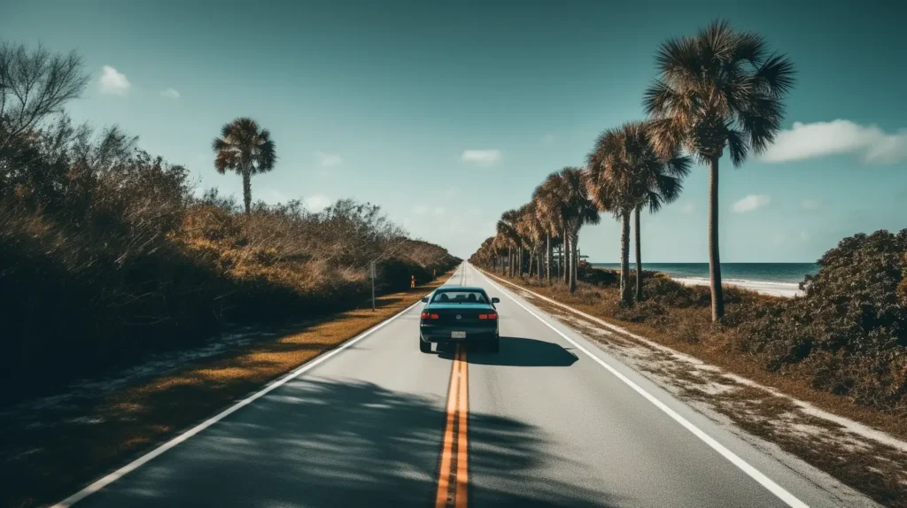 A car driving down a palm-tree-lined Florida road under sunny skies, heading toward the coast, near the closest airport to marco island florida
