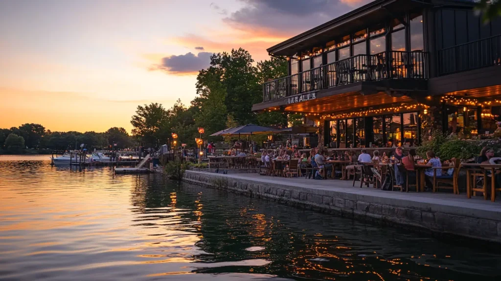 A family-friendly waterfront restaurant at sunset with warm lighting and calm waters among things to do in miami with kids