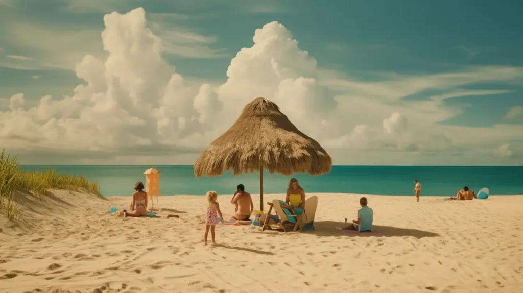 A family enjoying a beach day in the Bahamas with turquoise waters and palm trees in the background