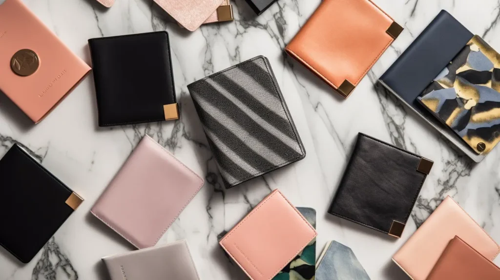 A selection of stylish passport covers in leather, fabric, and synthetic materials on a white marble surface