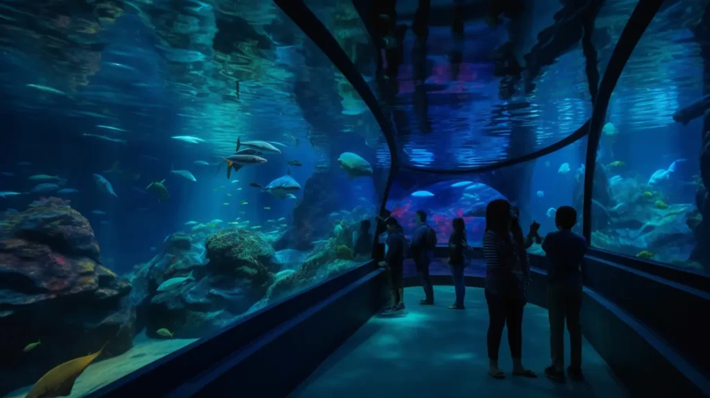 Things to do in Gulfport MS – Visitors walk through a glass tunnel surrounded by sharks, stingrays, and colorful fish.