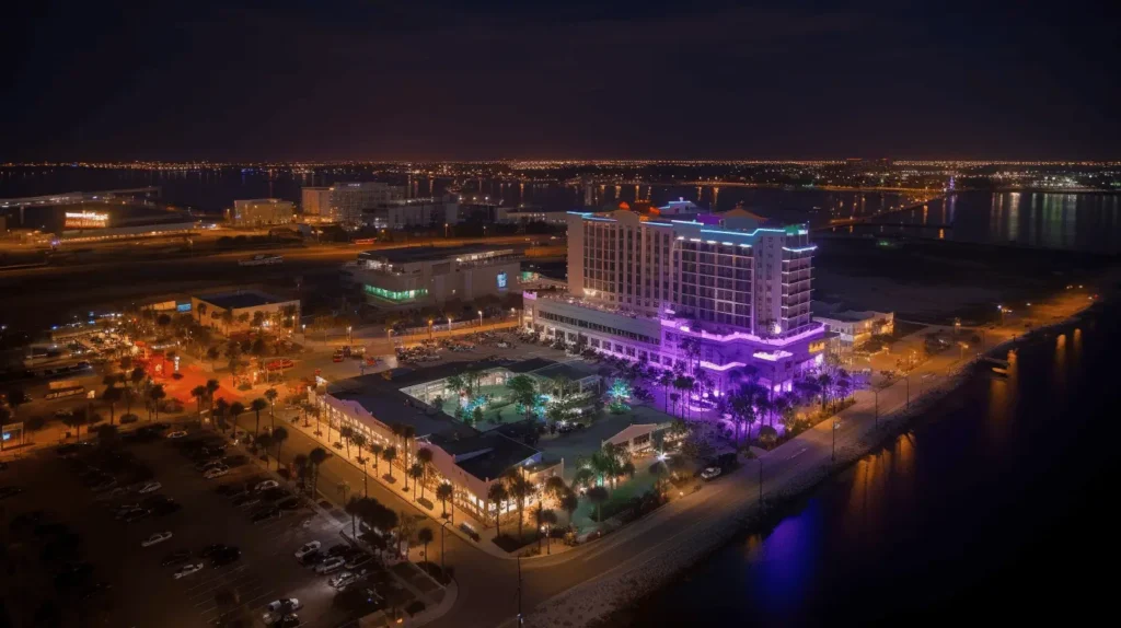 Things to do in Gulfport MS – Island View Casino Resort glowing in neon lights with a lively crowd enjoying the nightlife.