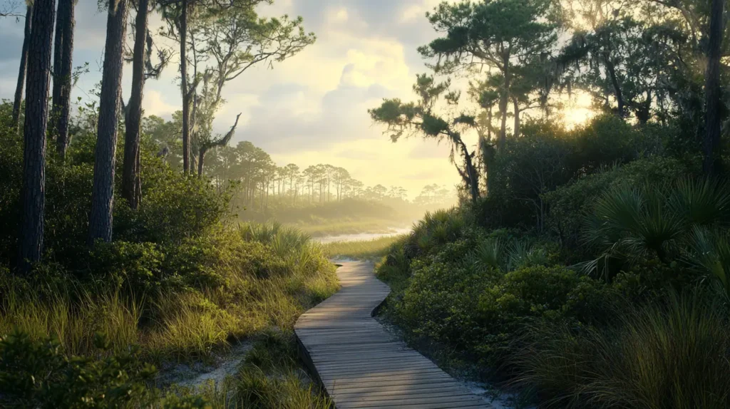 A scenic boardwalk trail at Gulf Islands National Seashore surrounded by coastal vegetation among things to do in biloxi mississippi