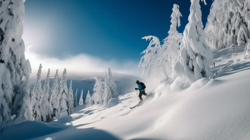A skier gliding down a snowy slope with mountains and trees in the background.