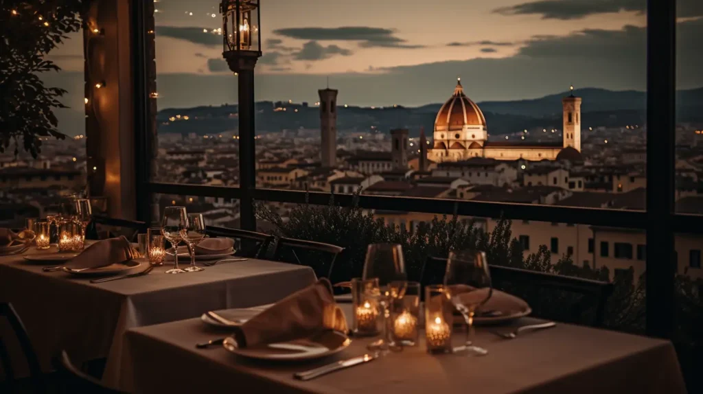 A rooftop restaurant in Florence overlooking the city's skyline and Duomo