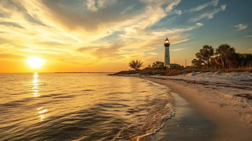A sunset view of the Biloxi Lighthouse with golden skies and Gulf Coast waters.