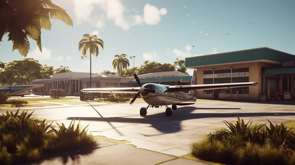 A small airport terminal in Florida, with a single-engine plane parked on the tarmac and palm trees nearby closest airport to marco island florida
