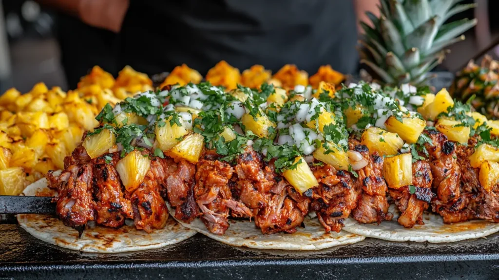 A street vendor in Mexico City preparing tacos al pastor with marinated pork and fresh toppings.
