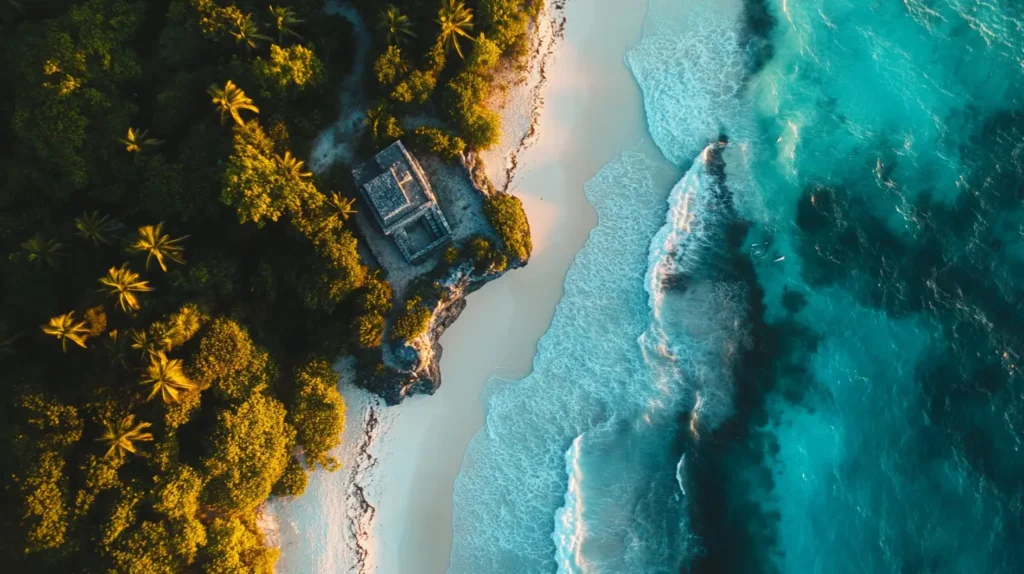 Aerial view of Tulum, Mexico, featuring pristine beaches, turquoise waters, and Mayan ruins on a cliff.