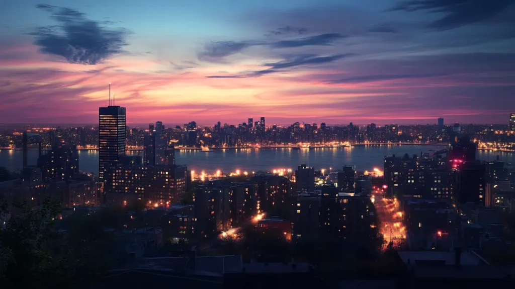 A beautiful evening view of the Montreal skyline with buildings and the Saint Lawrence River.