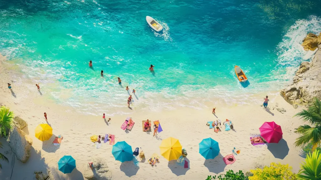 A sunny tropical beach with families enjoying the sand and sea