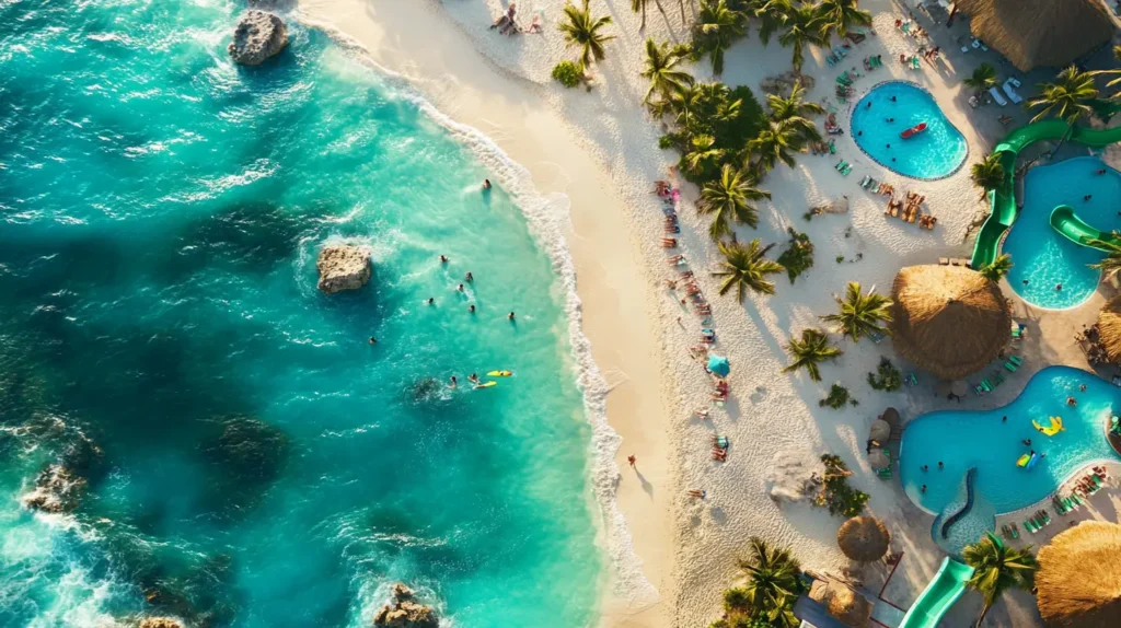 An aerial view of a stunning beachfront family resort in Mexico, featuring pools, water slides, and families enjoying the sun
