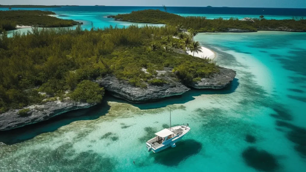 Aerial view of Blue Lagoon Island with turquoise waters, white beaches, and lush greenery.