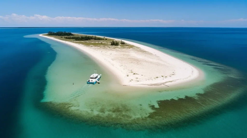 Things to do in Gulfport MS – Aerial view of Ship Island with white sandy beaches, clear turquoise waters, and a ferry arriving.