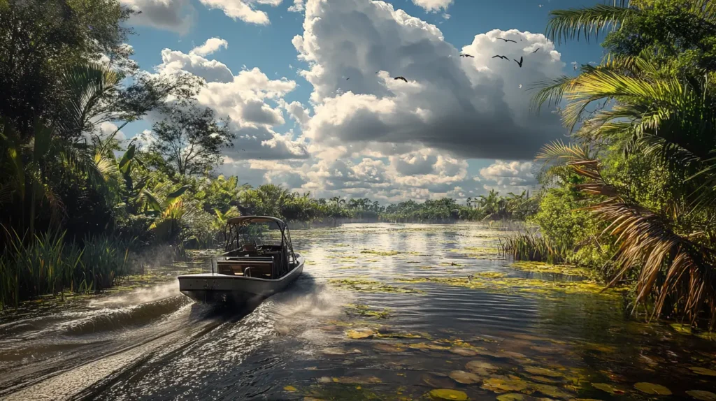 An airboat ride through tropical wetlands with lush greenery and wildlife among things to do in miami with kids