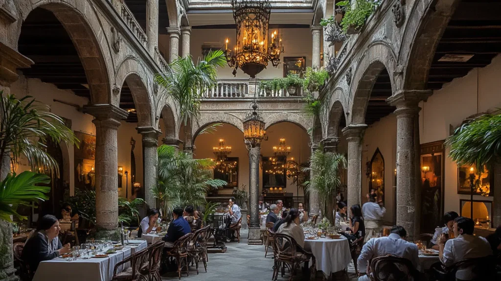 The elegant interior of Rosetta, with colonial architecture and diners enjoying a meal.