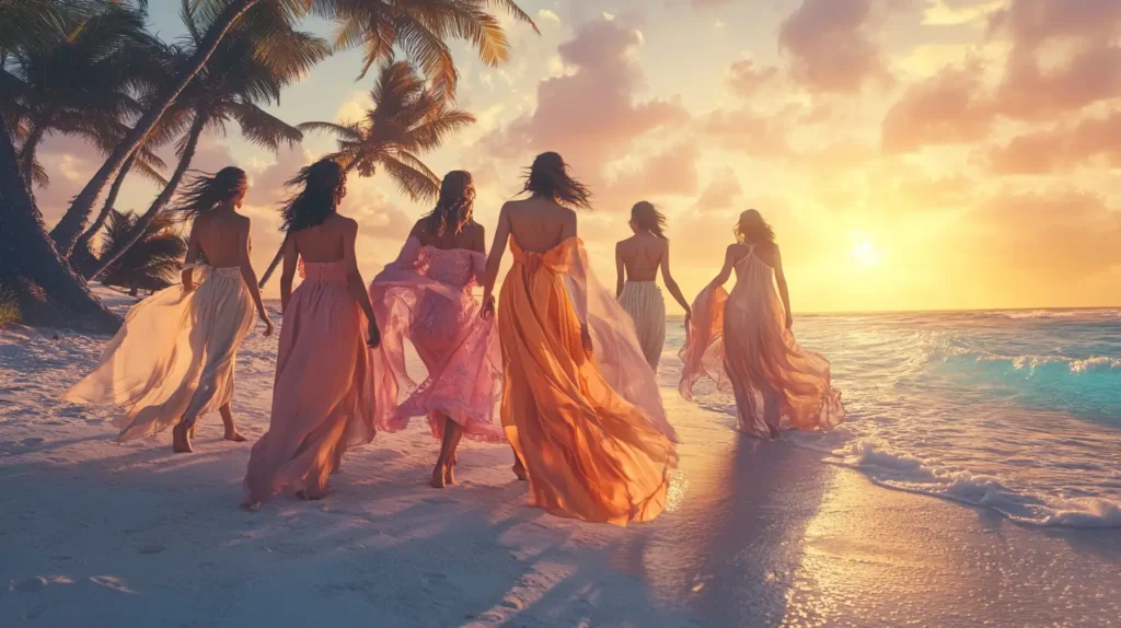 A group of women enjoying a tropical beach sunset during their girls trip.