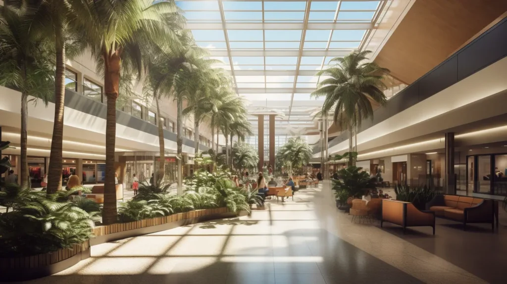 A clean, modern airport terminal with high ceilings, palm tree planters, and passengers walking through the concourse.