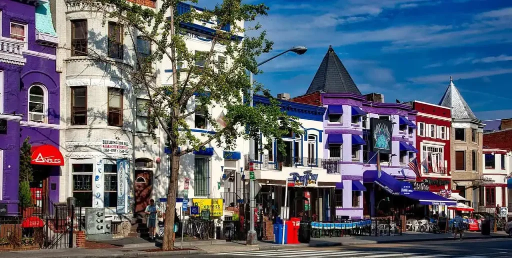 Adams Morgan's vibrant streets featuring colorful buildings and nightlife in Washington DC among fun things to do in dc for adults