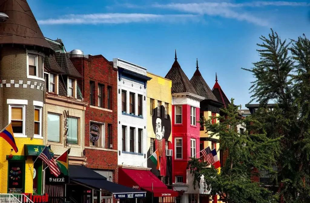 Charming and colorful row houses lining the streets of Washington DC among fun things to do in dc for adults