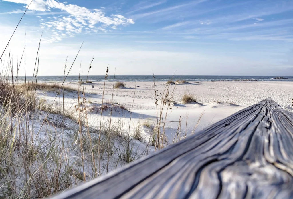 White sandy beach in Orange Beach, Alabama, with a scenic view of the ocean.