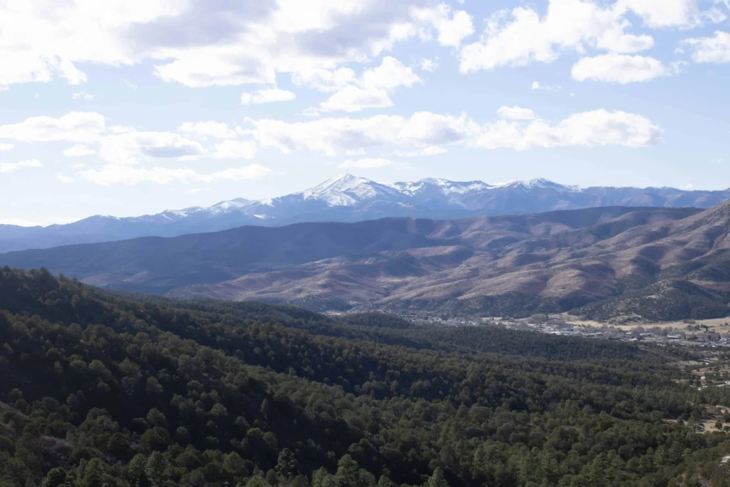 A breathtaking view of Sierra Blanca Mountain with snow-capped peaks in Ruidoso, New Mexico.