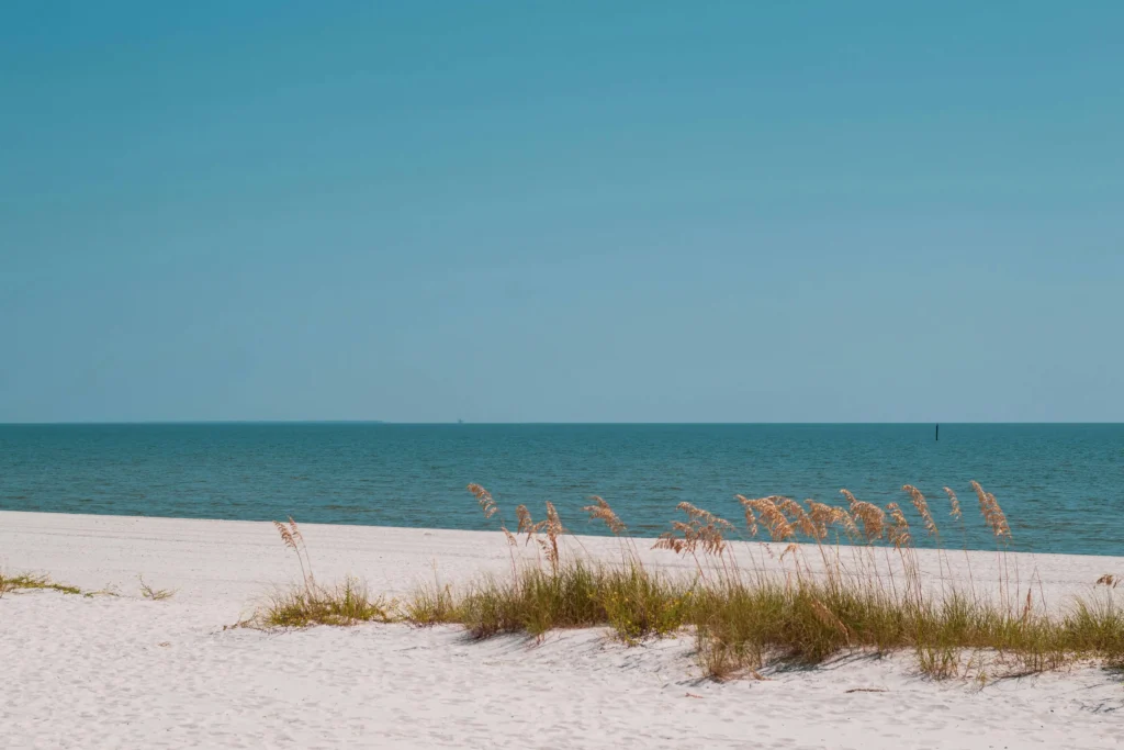 A peaceful white sand beach with sea oats in Biloxi, MS, offering stunning coastal views.